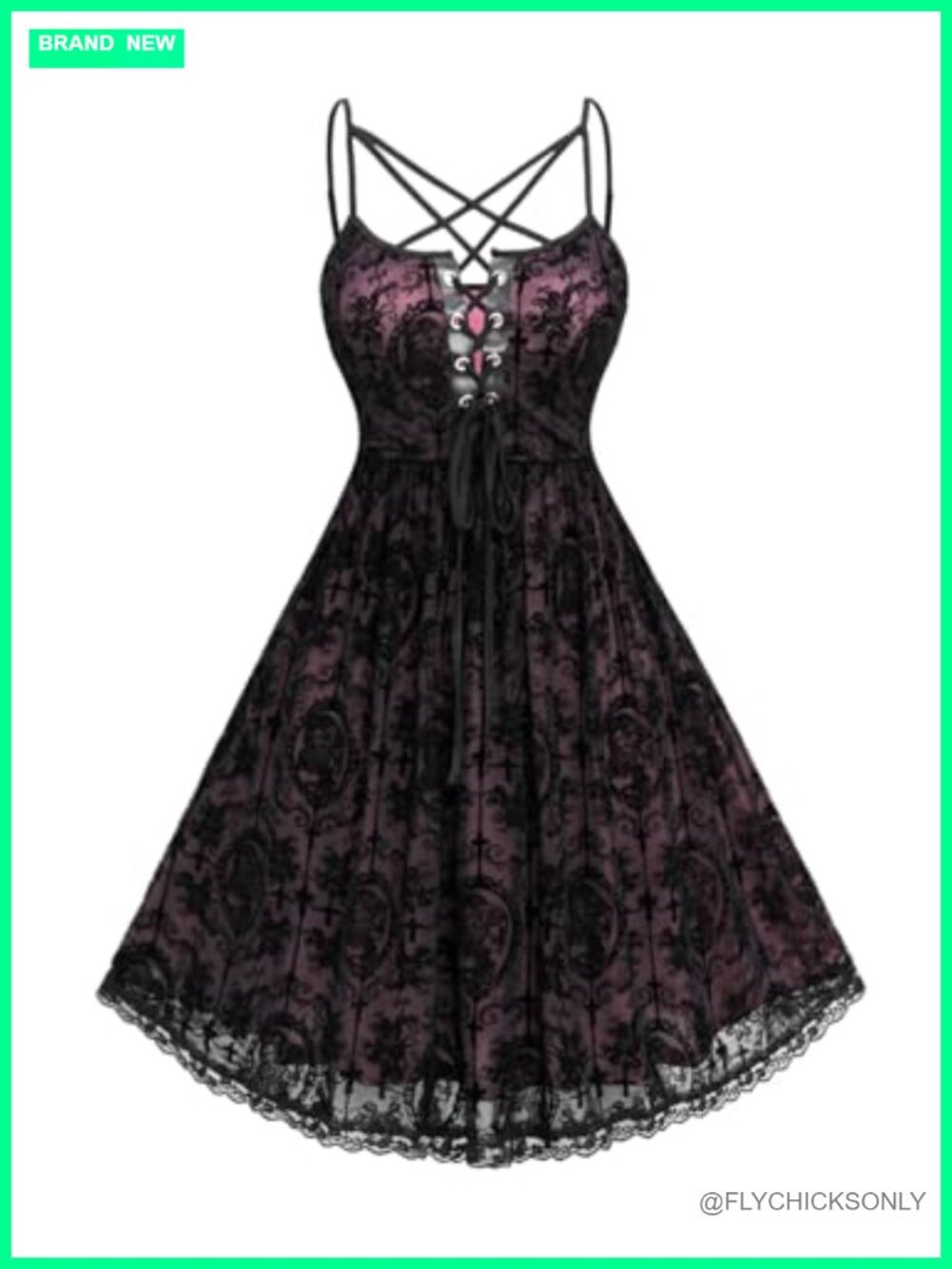 Gothic Sleeveless Midi A-Line Dress with Lace Overlay - Plus Size
